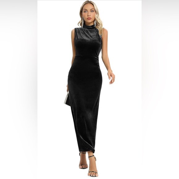 Capuffy  Velvet Maxi Dress Sexy Split Ruched Bodycon Dress Velvet Open Back Sz S - Picture 2 of 15